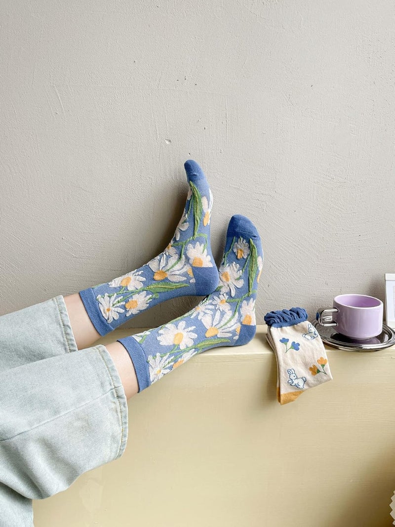 MarJunSep Cute Floral Crew Socks for Women Teen Girls Flower Cottagecore Frilly Vintage Fancy Cotton Socks - Image 5